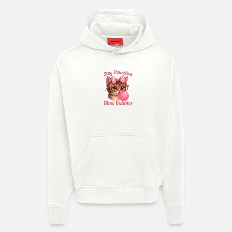 Chat mignon - Stay Pawsitive Blow Bubbles - Sweat à capuche bio épais oversize fabriqué en UE - OFF WHITE
