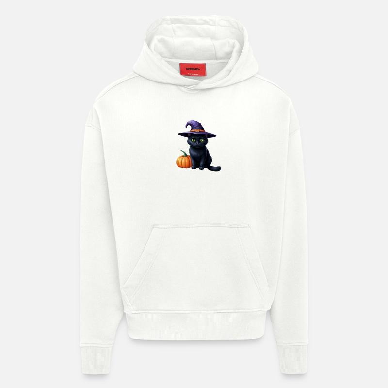 Chat sorcière avec citrouille - Sweat à capuche bio épais oversize fabriqué en UE - OFF WHITE