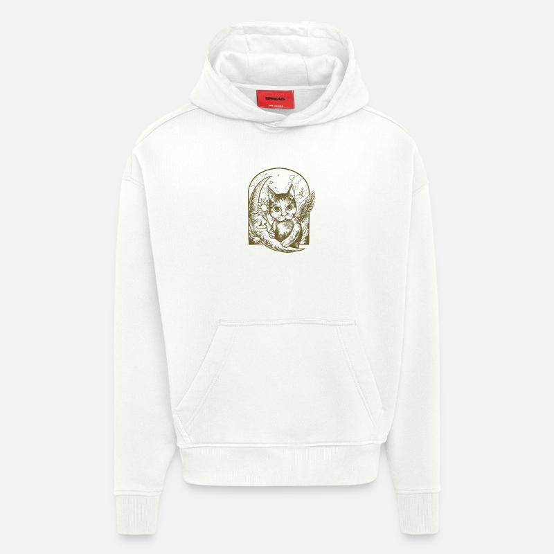 Chat céleste et lune ailée - Sweat à capuche bio épais oversize fabriqué en UE - OFF WHITE