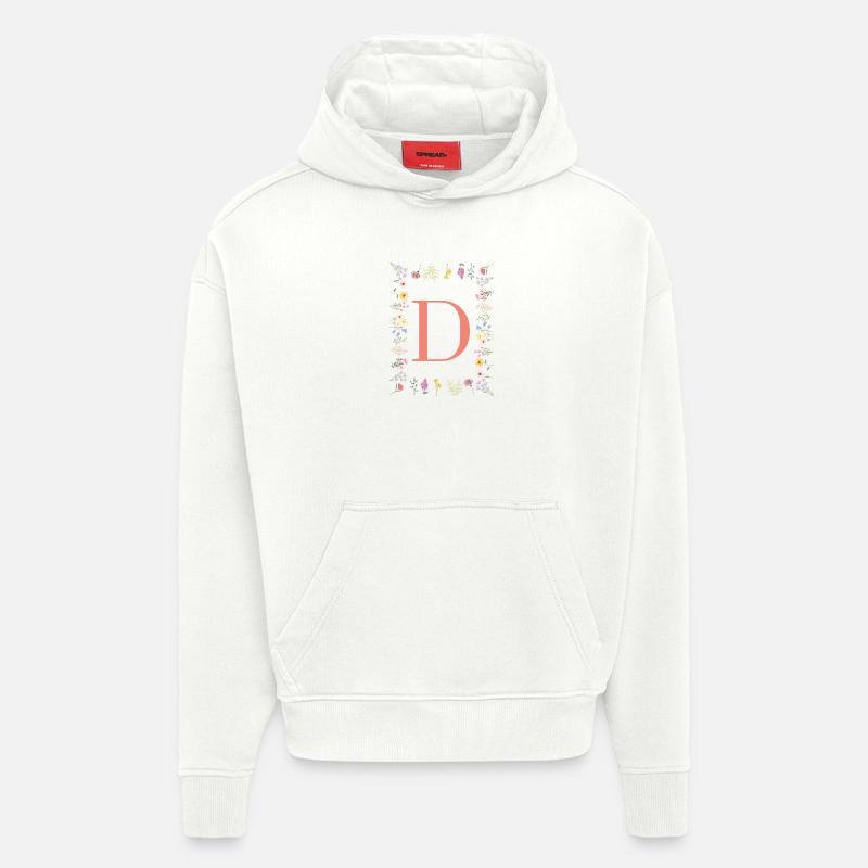 Initiales florales « D », lettres monogrammes - Sweat à capuche bio épais oversize fabriqué en UE - OFF WHITE