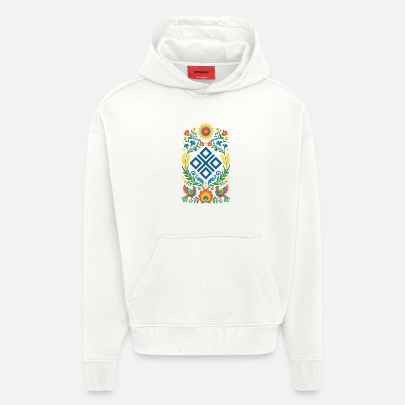 Ornement populaire de Mokosz - Sweat à capuche bio épais oversize fabriqué en UE - OFF WHITE