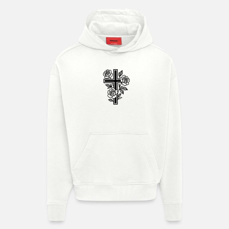 Fleurs à symbole de croix - Sweat à capuche bio épais oversize fabriqué en UE - OFF WHITE
