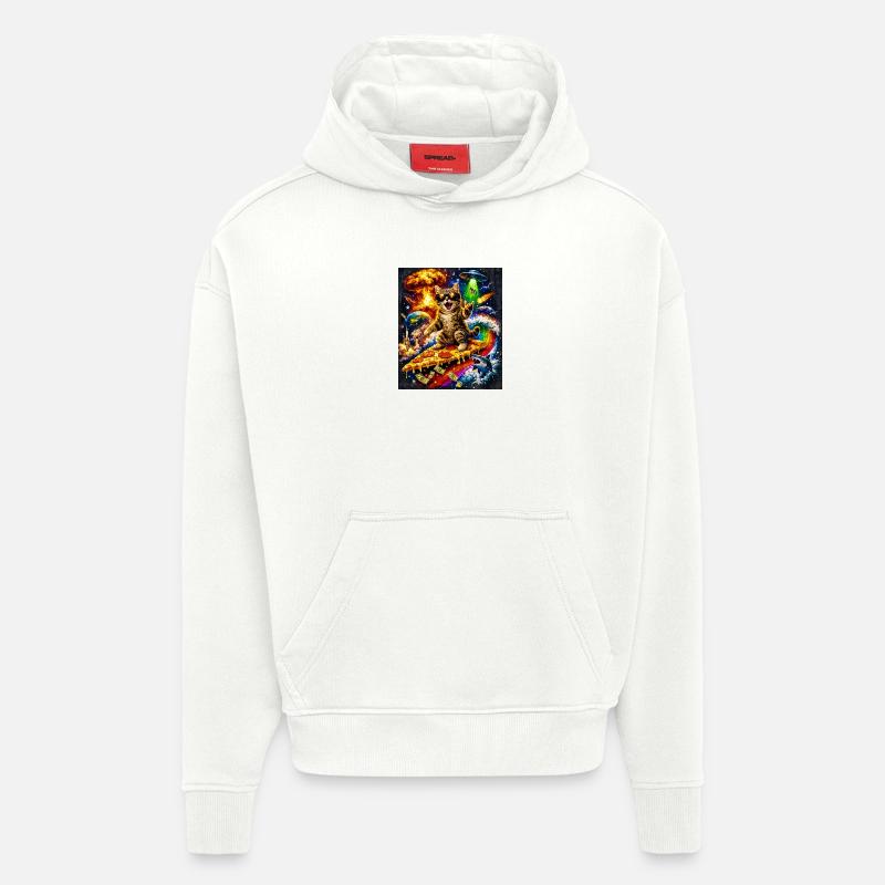 Chat de l’espace sur la pizza - Sweat à capuche bio épais oversize fabriqué en UE - OFF WHITE