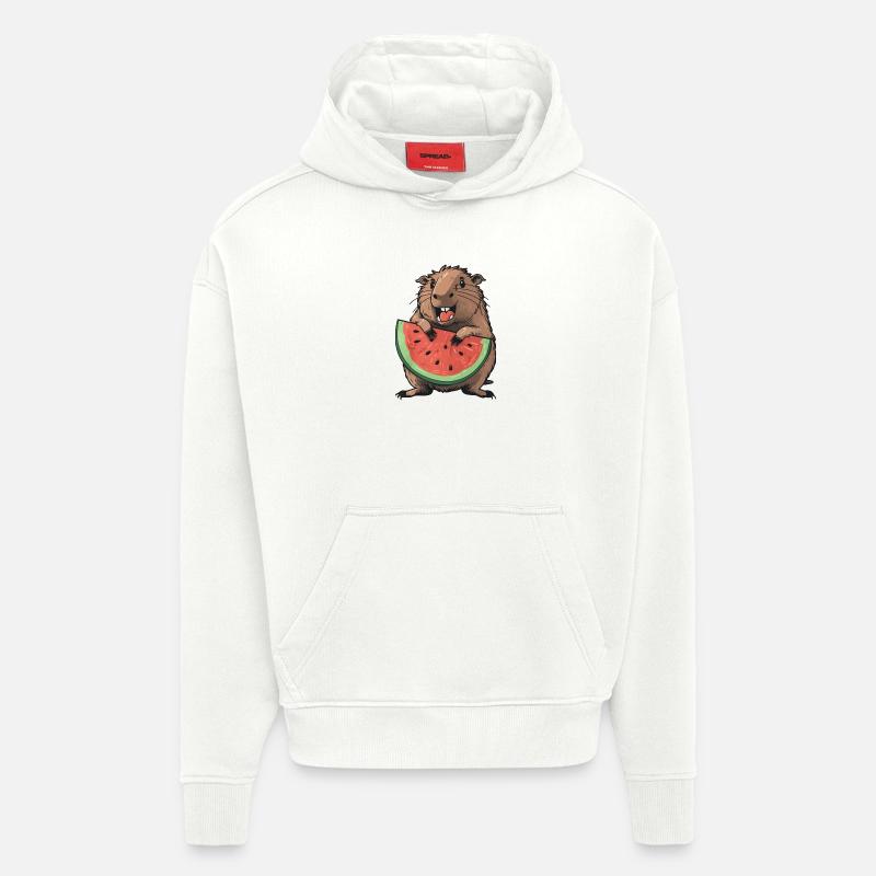 Capybara mangeant de la pastèque - Sweat à capuche bio épais oversize fabriqué en UE - OFF WHITE
