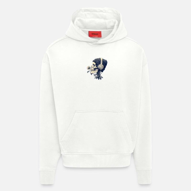 Crâne avec casque et fleurs - Sweat à capuche bio épais oversize fabriqué en UE - OFF WHITE