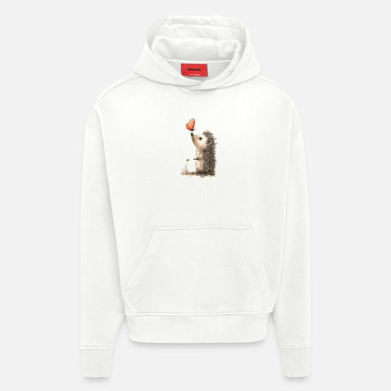 Hérisson et papillon - Sweat à capuche bio épais oversize fabriqué en UE - OFF WHITE
