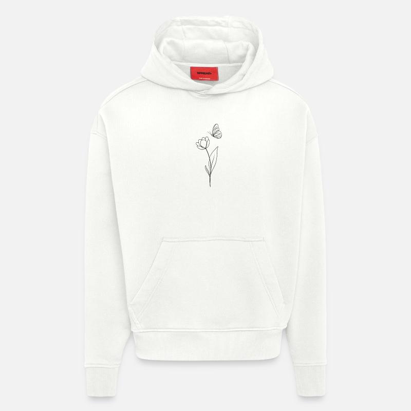 Fleur avec papillon - noir et blanc - Sweat à capuche bio épais oversize fabriqué en UE - OFF WHITE