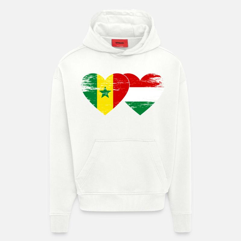 Sénégal Hongrie Drapeau Coeur utilisé - Sweat à capuche bio épais oversize fabriqué en UE - OFF WHITE