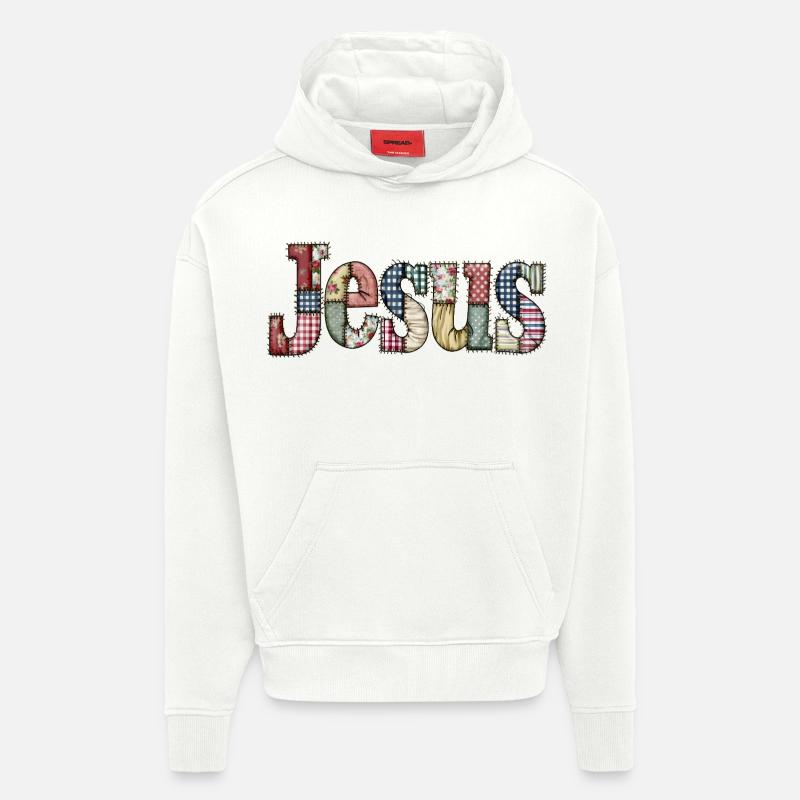 Lettrage Jésus en patchwork - Sweat à capuche bio épais oversize fabriqué en UE - OFF WHITE