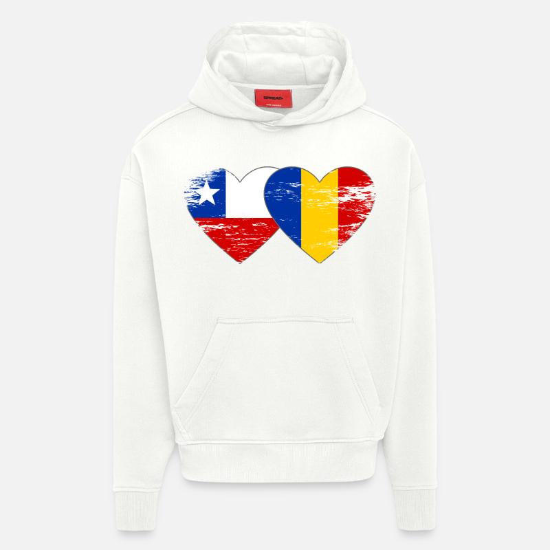 Cœur du drapeau Chili-Roumanie utilisé - Sweat à capuche bio épais oversize fabriqué en UE - OFF WHITE