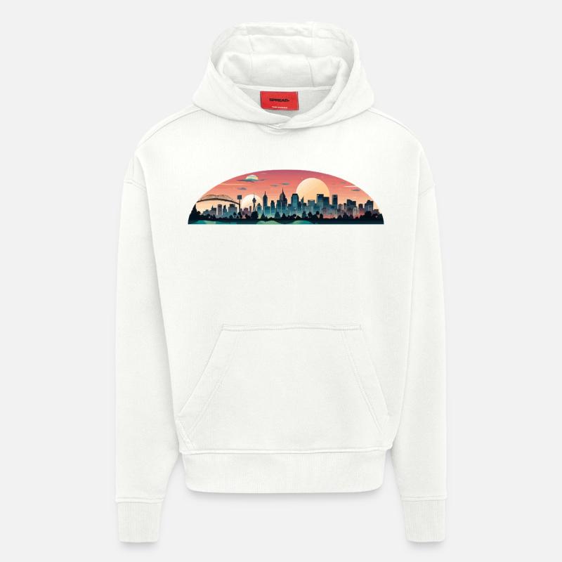 Sunset City Panorama - Sweat à capuche bio épais oversize fabriqué en UE - OFF WHITE