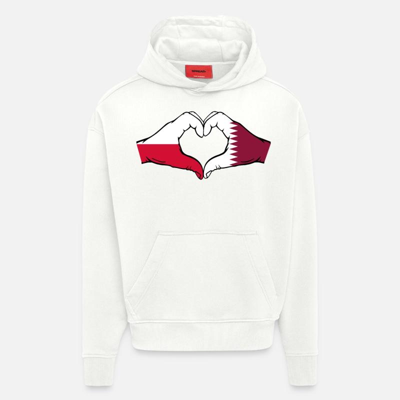 Pologne Qatar drapeau mains coeur - Sweat à capuche bio épais oversize fabriqué en UE - OFF WHITE