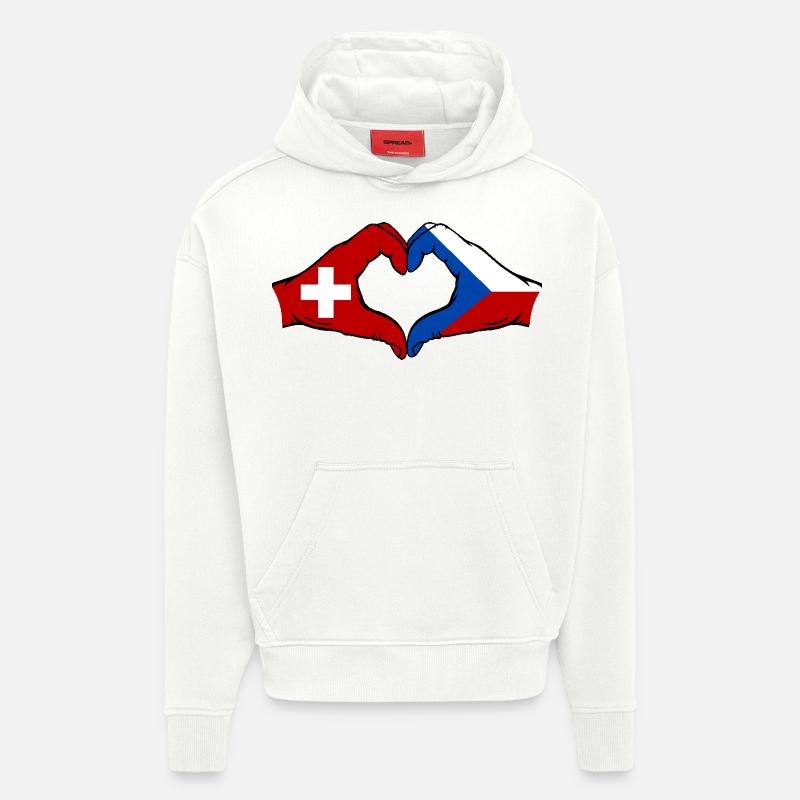 Suisse République tchèque drapeau mains forme de coeur - Sweat à capuche bio épais oversize fabriqué en UE - OFF WHITE