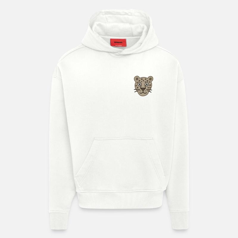 Dessin animé mignon visage de léopard - Sweat à capuche bio épais oversize fabriqué en UE - OFF WHITE