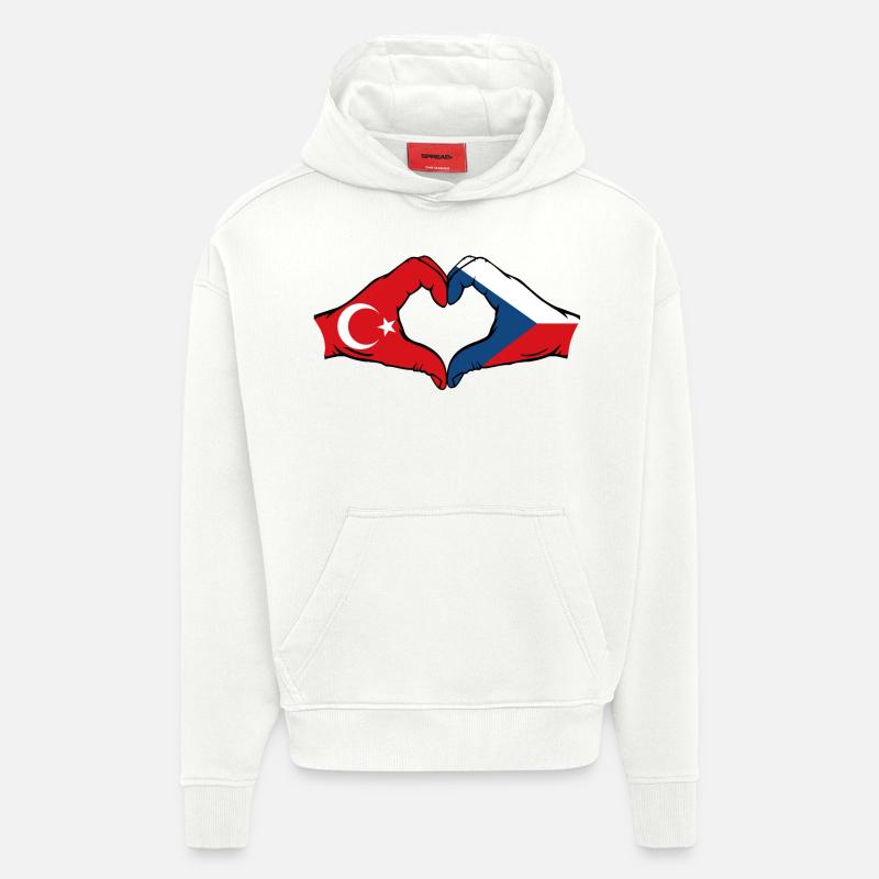 Turquie République tchèque drapeau coeur - Sweat à capuche bio épais oversize fabriqué en UE - OFF WHITE