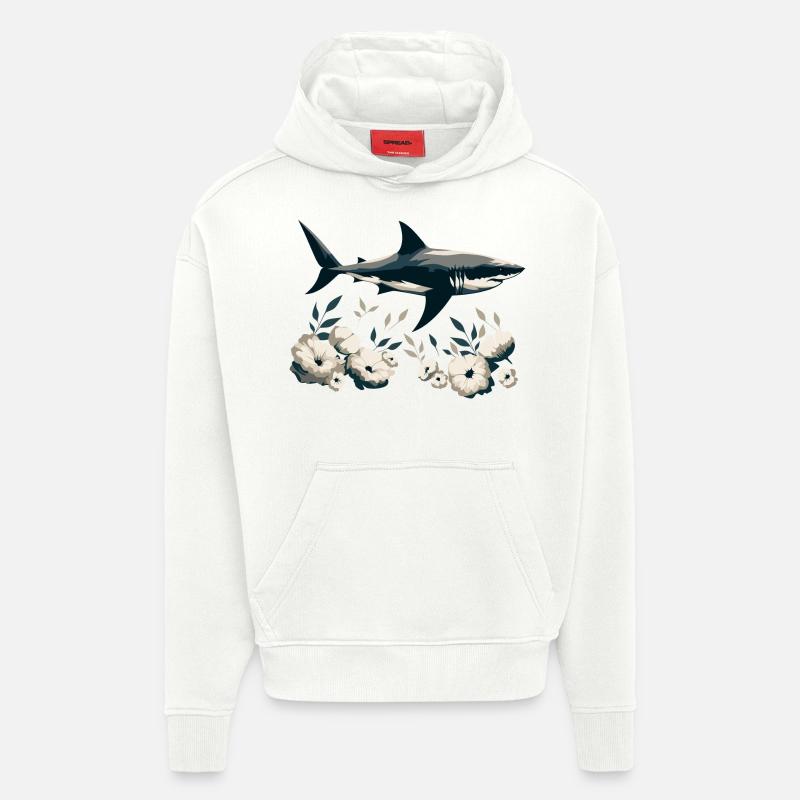 Requin avec des fleurs - Sweat à capuche bio épais oversize fabriqué en UE - OFF WHITE