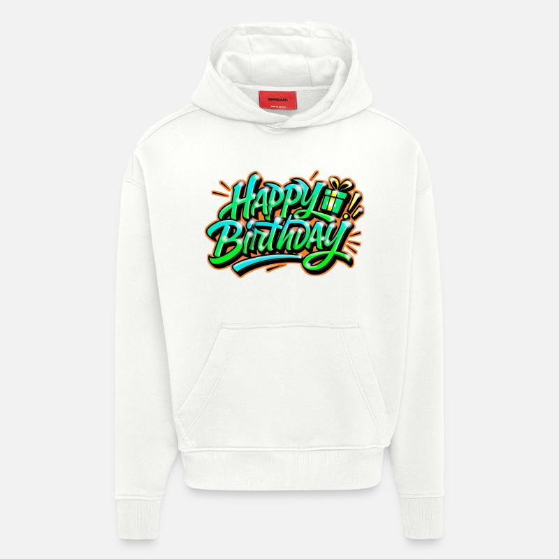 Graffiti HAPPY BIRTHDAY Prénom cadeau idéal - Sweat à capuche bio épais oversize fabriqué en UE - OFF WHITE