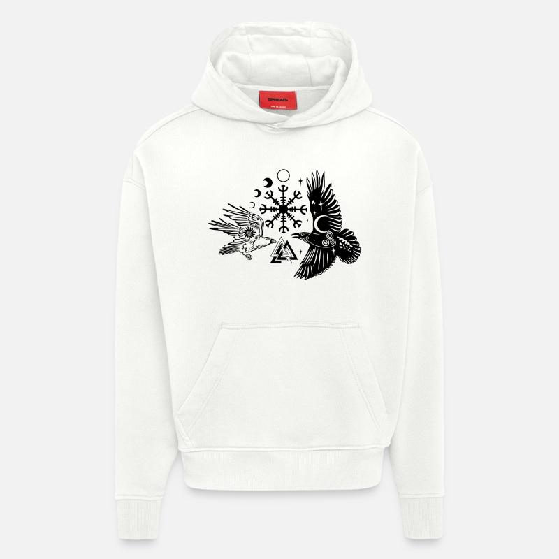 Hugin et Munin avec Vegvisir Valknut - Sweat à capuche bio épais oversize fabriqué en UE - OFF WHITE