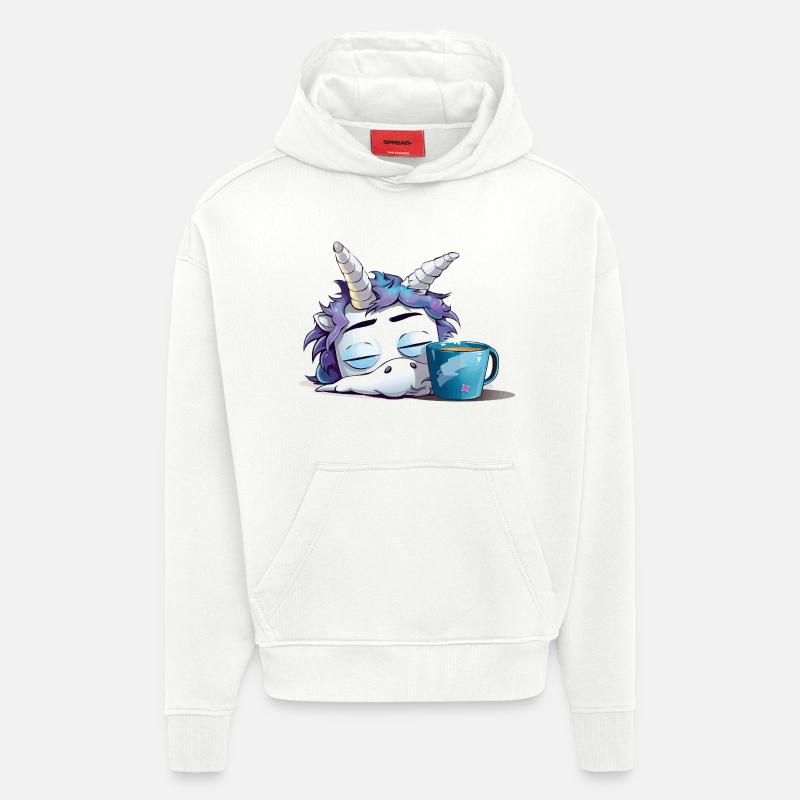Schlafendes Einhorn und Kaffeebecher - Hoodie- made by SPREAD - OFF WHITE