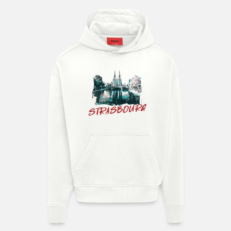 Paysage avec la Cathédrale de Strasbourg  - Sweat à capuche bio épais oversize fabriqué en UE - OFF WHITE