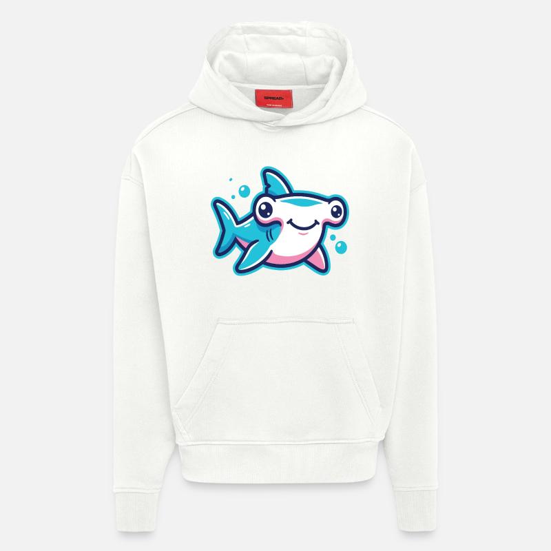Motif de dessin animé mignon requin-marteau - Sweat à capuche bio épais oversize fabriqué en UE - OFF WHITE