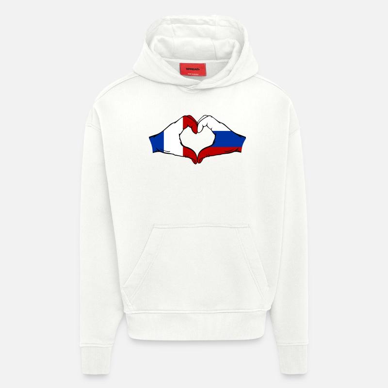 France Russie Drapeau Mains Coeur Forme - Sweat à capuche bio épais oversize fabriqué en UE - OFF WHITE