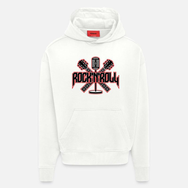 Emblème du micro et guitares RocknRoll - Sweat à capuche bio épais oversize fabriqué en UE - OFF WHITE