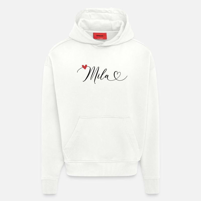 Mila Nom Prénom Calligraphie Coeur - Sweat à capuche bio épais oversize fabriqué en UE - OFF WHITE