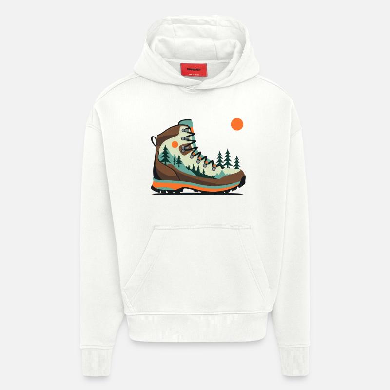 Motif paysager de chaussures de randonnée - Sweat à capuche bio épais oversize fabriqué en UE - OFF WHITE