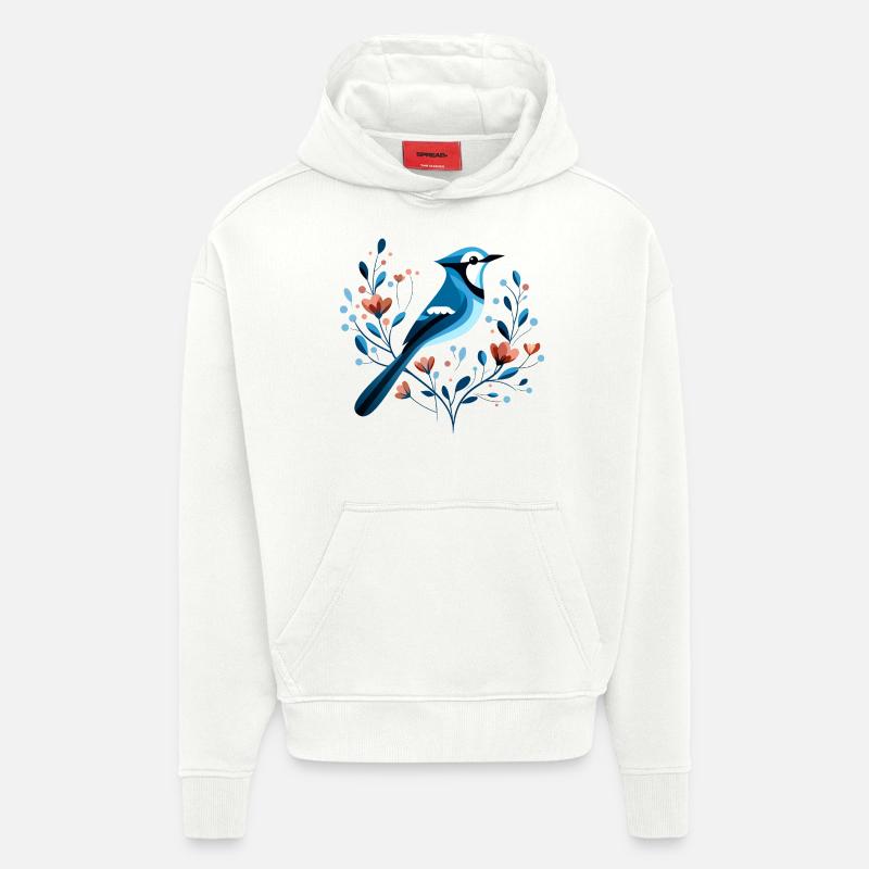Geai bleu avec des fleurs - Sweat à capuche bio épais oversize fabriqué en UE - OFF WHITE