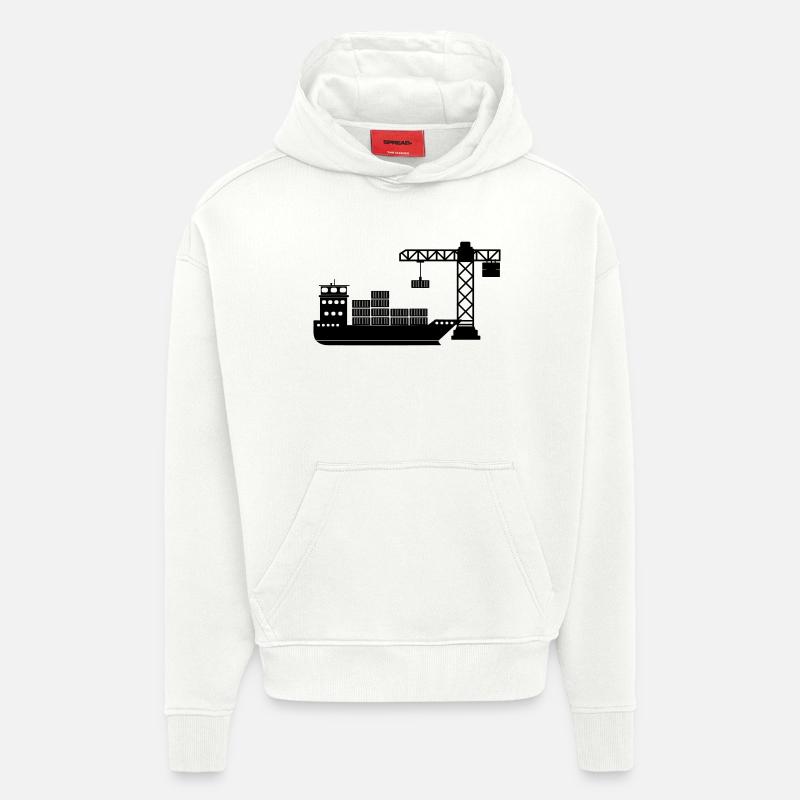 Sea container boat with crane unloading - Hoodie- made by SPREAD - OFF WHITE