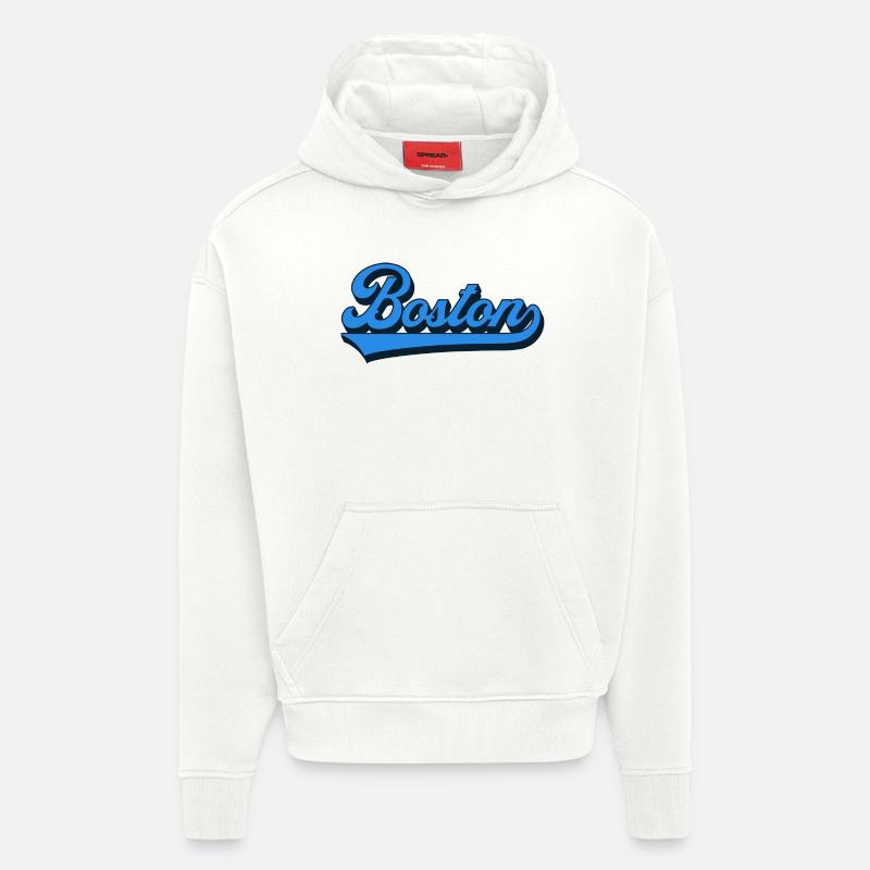 Boston Blue Script Rétro - Sweat à capuche bio épais oversize fabriqué en UE - OFF WHITE