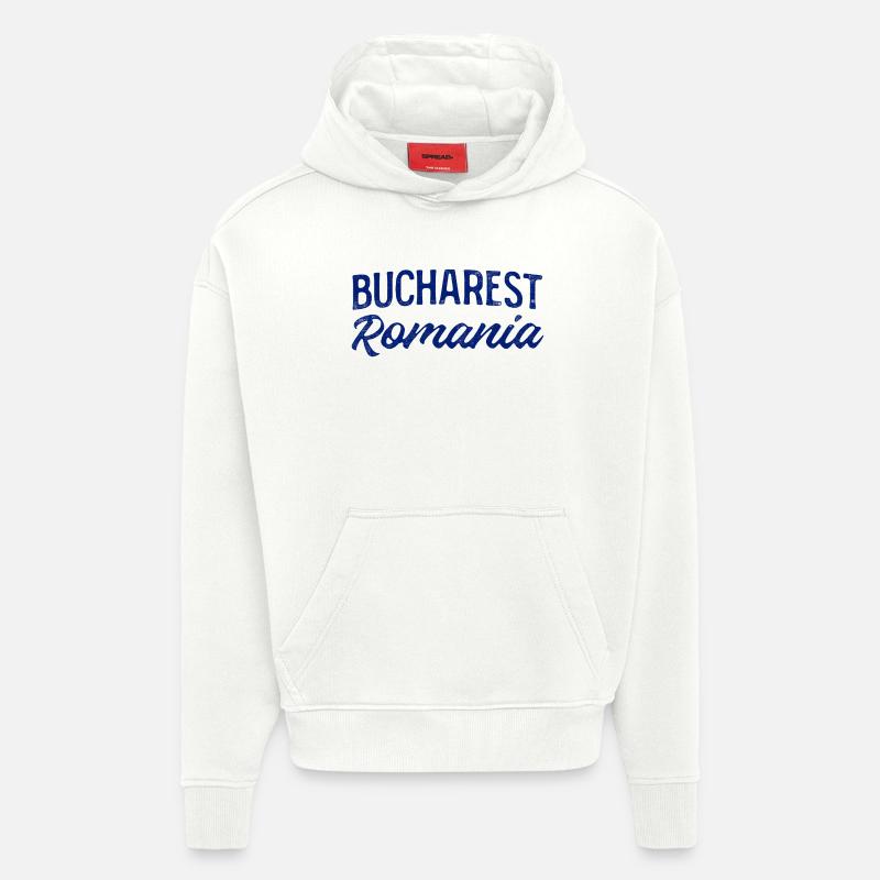 Bucarest, Roumanie, Lettrage à la main - Sweat à capuche bio épais oversize fabriqué en UE - OFF WHITE