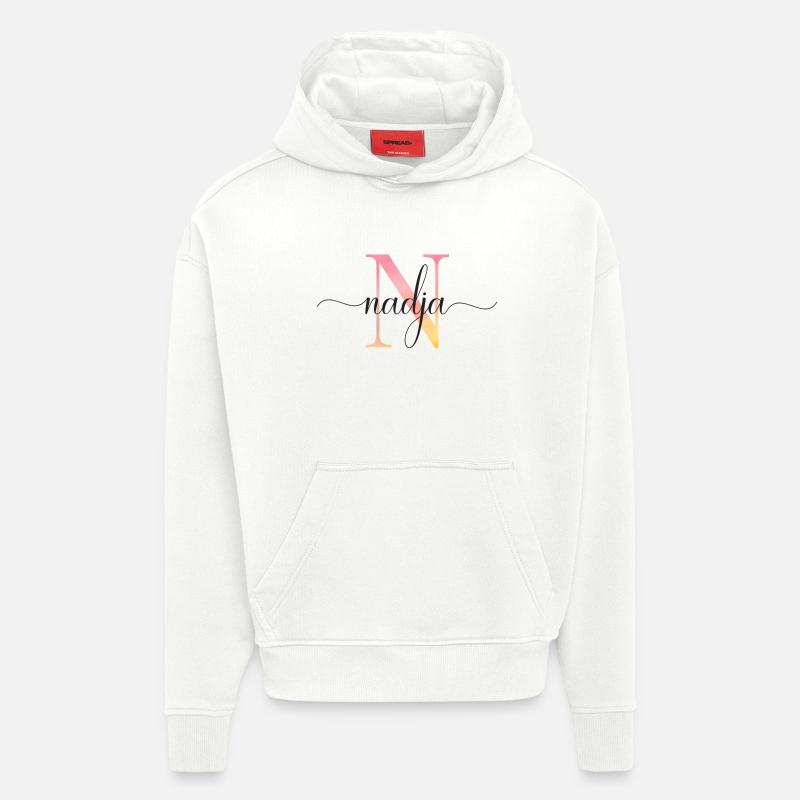 N | Monogramme | Nom | Nadja |Aquarelle - Sweat à capuche bio épais oversize fabriqué en UE - OFF WHITE