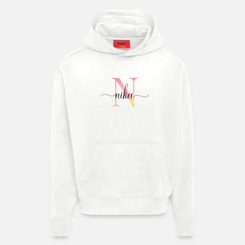 N | Monogramme | Nom | Nika |Aquarelle - Sweat à capuche bio épais oversize fabriqué en UE - OFF WHITE