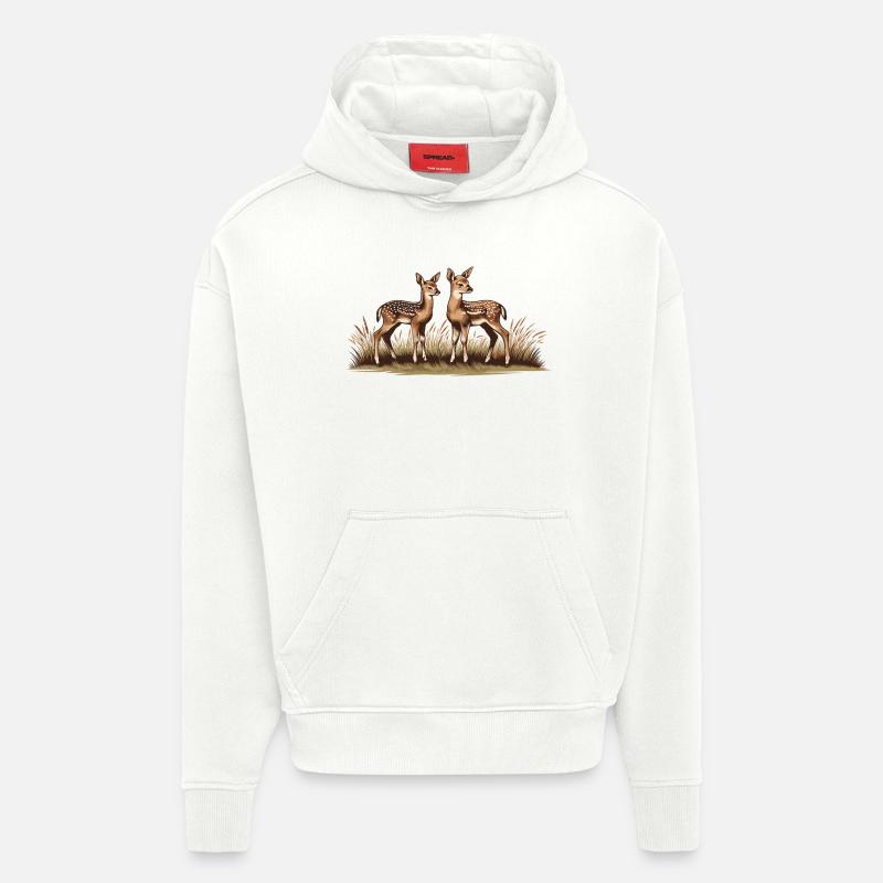 Cerf sur prairie - Sweat à capuche bio épais oversize fabriqué en UE - OFF WHITE