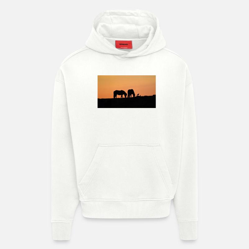 Chevaux islandais au coucher du soleil - Sweat à capuche bio épais oversize fabriqué en UE - OFF WHITE