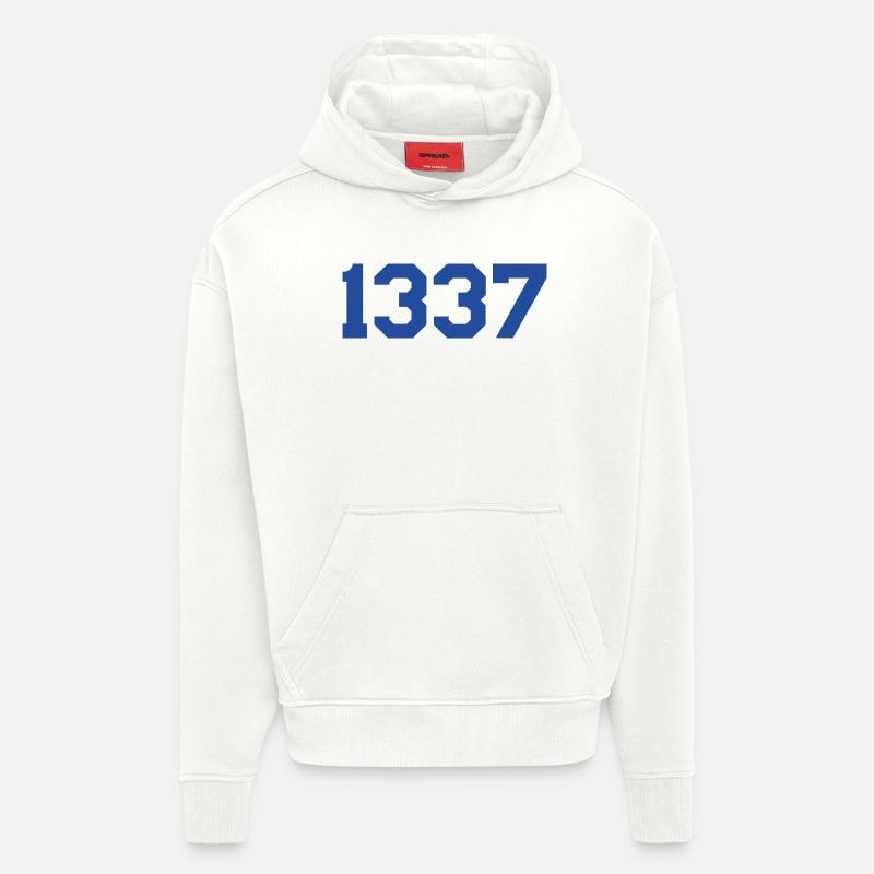 1337 – Conception en texte bleu - Sweat à capuche bio épais oversize fabriqué en UE - OFF WHITE