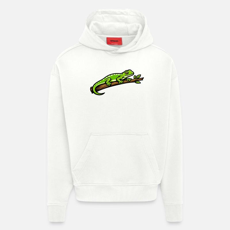 Gecko vert sur branche – illustration éclatante - Sweat à capuche bio épais oversize fabriqué en UE - OFF WHITE