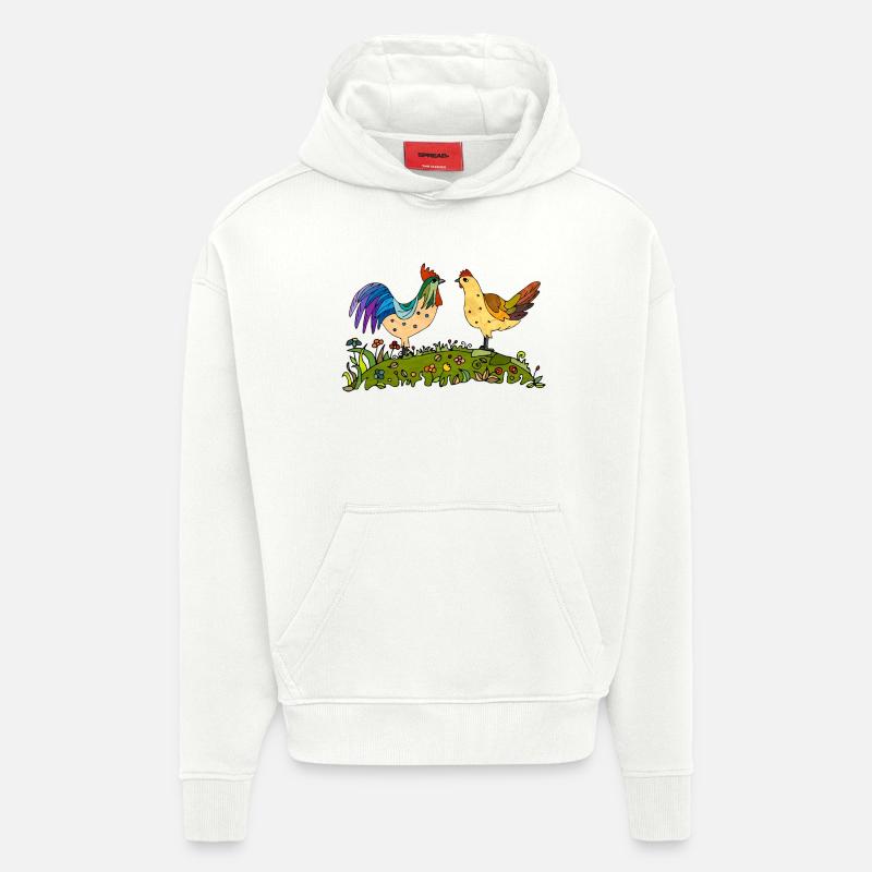 Coq et poule - Sweat à capuche bio épais oversize fabriqué en UE - OFF WHITE