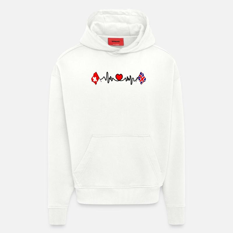 Cardio heart Drapeau Suisse, drapeau Angleterre - Sweat à capuche bio épais oversize fabriqué en UE - OFF WHITE