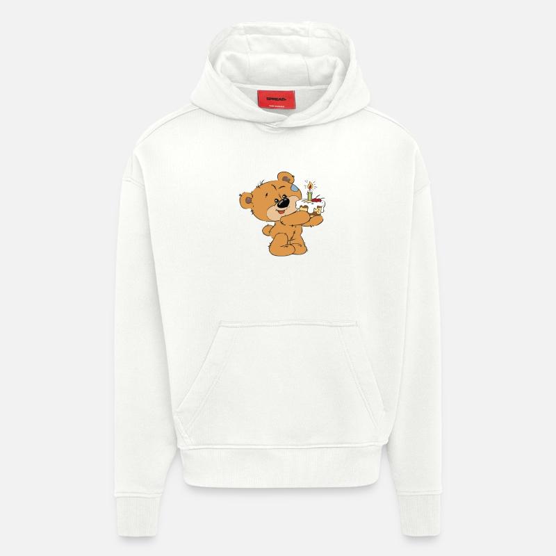 Petit ourson avec un gâteau - Sweat à capuche bio épais oversize fabriqué en UE - OFF WHITE