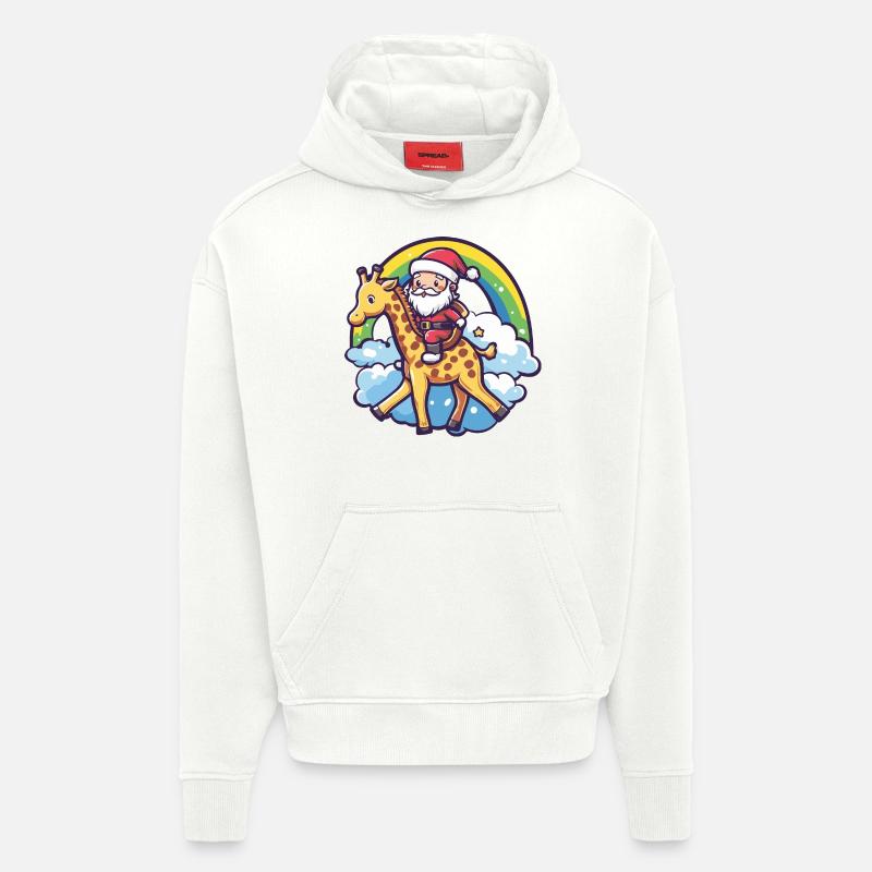 Girafe Père Noël Arc-en-ciel - Sweat à capuche bio épais oversize fabriqué en UE - OFF WHITE
