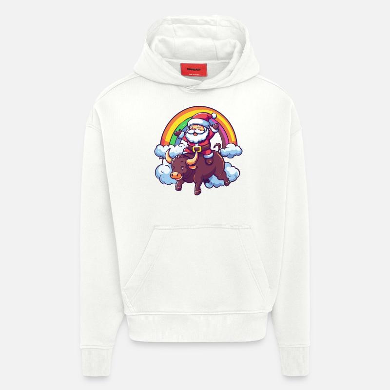 Taureau Père Noël Arc-en-ciel - Sweat à capuche bio épais oversize fabriqué en UE - OFF WHITE