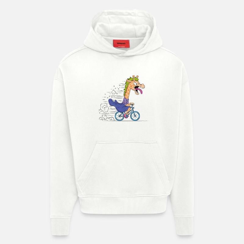 Dessin animé Girafe sur Vélo - Sweat à capuche bio épais oversize fabriqué en UE - OFF WHITE