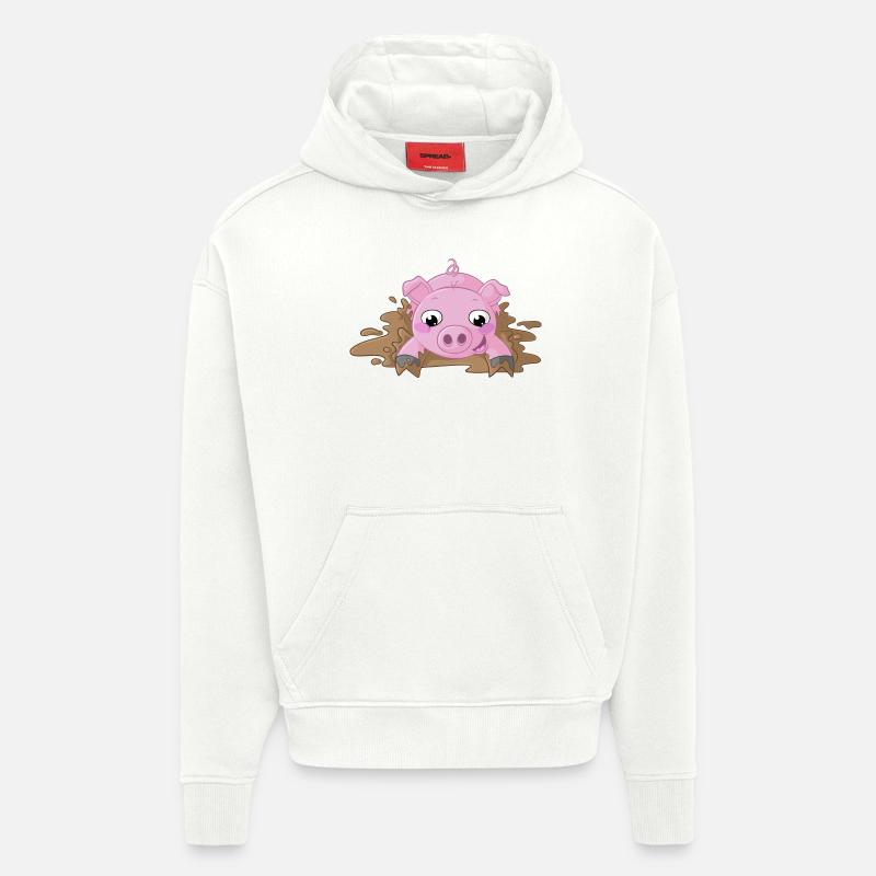 Éclaboussures, dessin animé, cochon - Sweat à capuche bio épais oversize fabriqué en UE - OFF WHITE