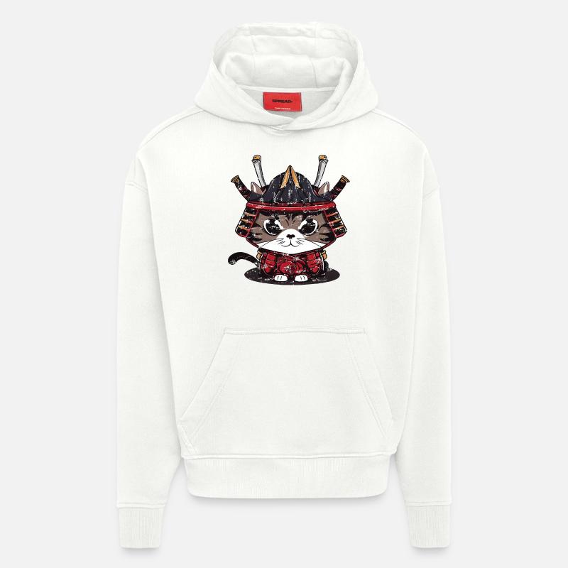 Mignon chat samouraï vêtements traditionnels - Sweat à capuche bio épais oversize fabriqué en UE - OFF WHITE
