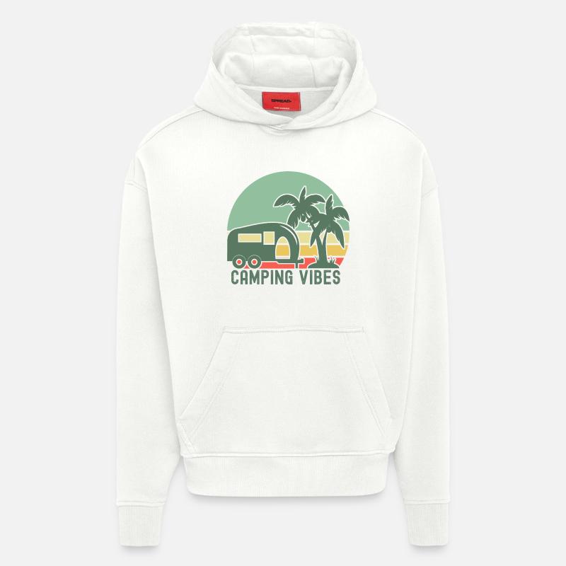 Illustration de l’ambiance du camping rétro - Sweat à capuche bio épais oversize fabriqué en UE - OFF WHITE