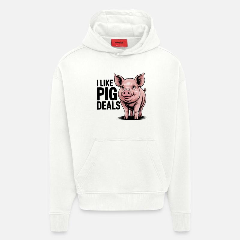 Illustration de cochon joyeux pour vêtements - Sweat à capuche bio épais oversize fabriqué en UE - OFF WHITE