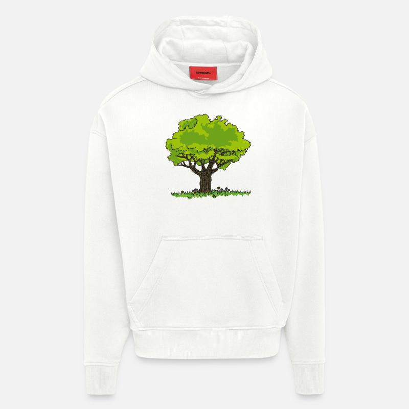 Dessin arbre pré et fleurs - Sweat à capuche bio épais oversize fabriqué en UE - OFF WHITE
